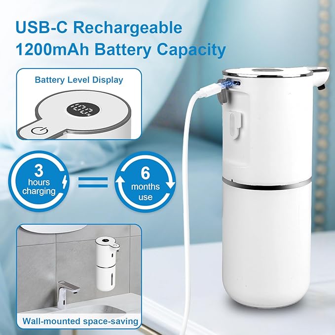 Automatic Foaming Soap Dispenser Touchless, USB Rechargeable Smart Hand Soap Dispenser, 6-Level Adjustable, 12.8oz/380mL Wall Mounted for Bathroom Kitchen Dish Soap-White