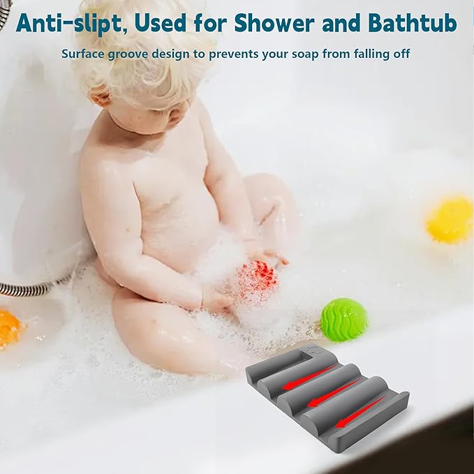 Silicone Soap Dish,Self Draining Soap Holder Perfect for Shower,Bathroom Sink,Kitchen Sink & Travel,Non-Slip Bar Soap Holder Extend Soap Life,Keep Soap Bars Dry & Easy Cleaning Grey-3Pcs