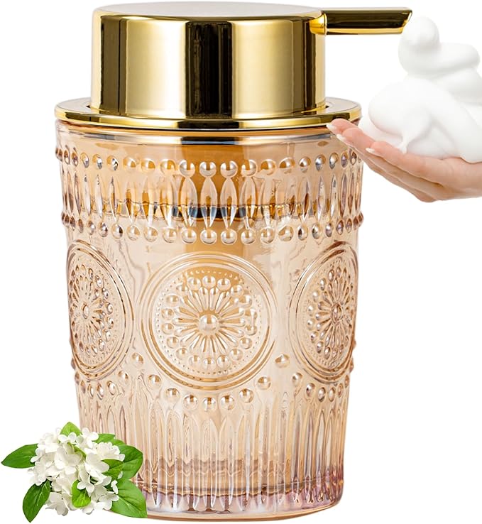 Gold Foaming Soap Dispenser - 7 Oz Amber Glass Foaming Hand Soap Dispenser for Bathroom & Kitchen, Hand Wash Dispenser with Golden Foam Pump, Refillable Dish Soap Foam Dispenser