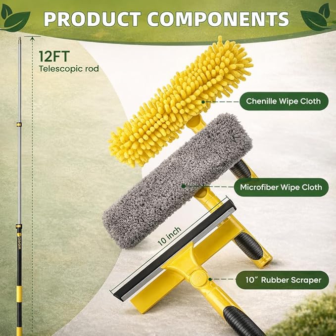 225'' Long Reach Window Squeegee with Telescoping Extension Pole, 2-in-1 Indoor/Outdoor Cleaning Tool with 270° Rotatable Head, Lightweight Alloy Aluminum Pole for Shower Door, Mirror, Car Windshield