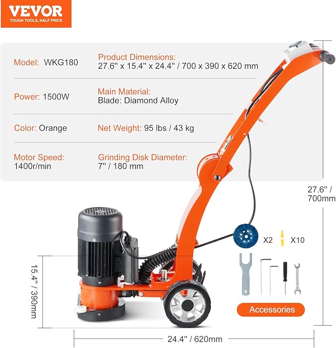 VEVOR Electric Concrete Floor Grinder 7" Walk-Behind Grinder 1.7HP Concrete Floor Polisher, 1300W Grinding Machine, 1720RPM Upgrade Brushless Motor Surfacing Grinder for Granite/Marble/Stones
