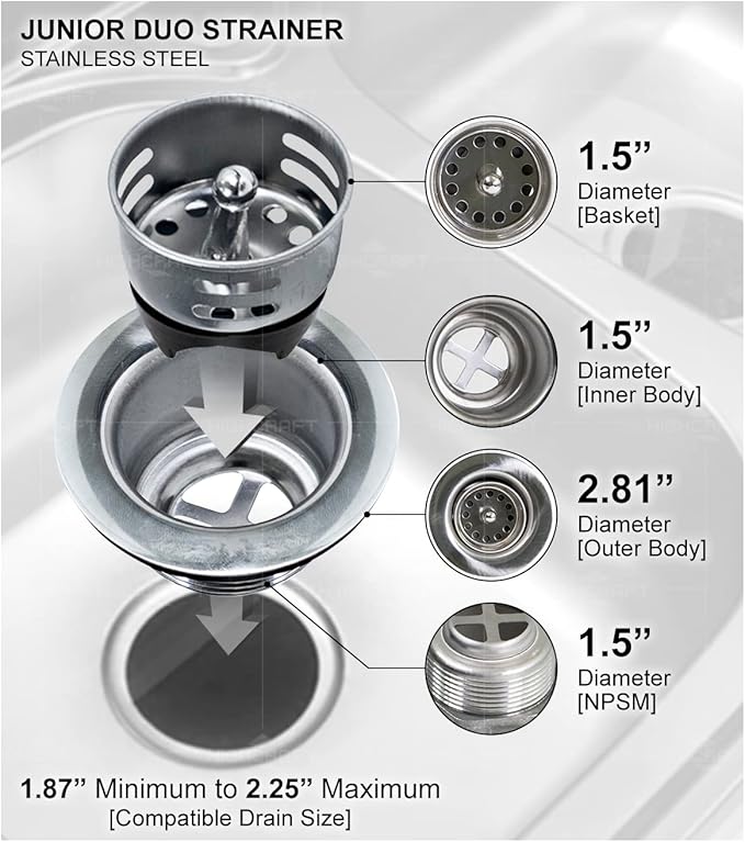 Highcraft 9773 Bar/Prep Sink 2 1/2 Junior Duo Stainless Steel Drain Assembly with Strainer Basket and Rubber Stopper