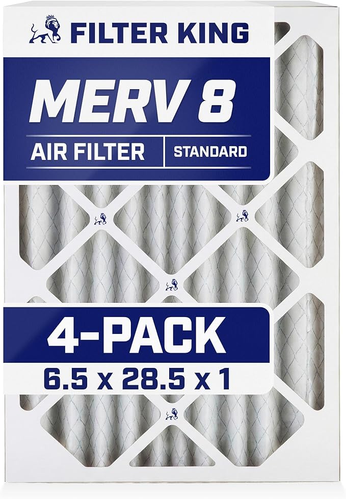 Filter King 6.5x28.5x1 Air Filter | 4-PACK | MERV 8 HVAC Pleated A/C Furnace Filters | MADE IN USA | Actual Size: 6.5 x 28.5 x .75"