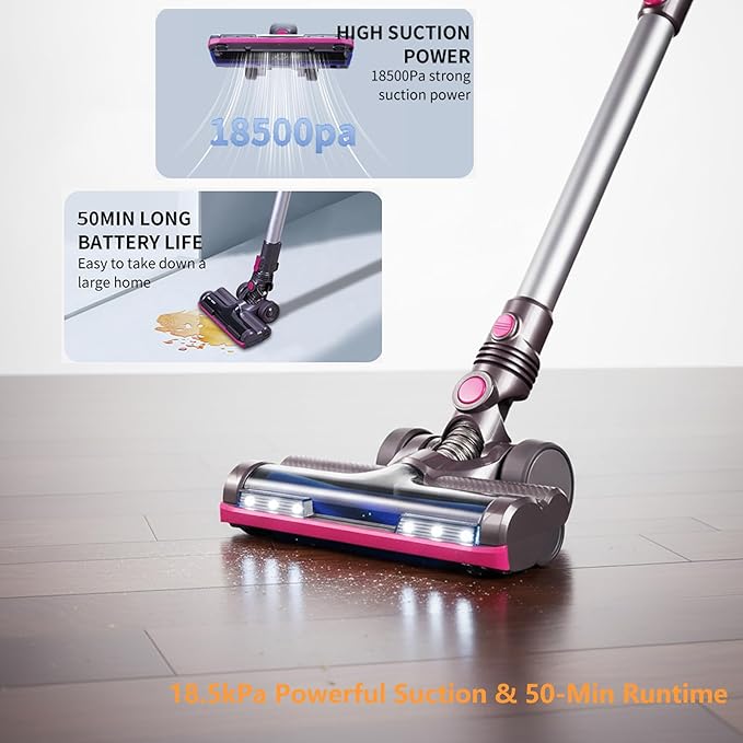 Novaspark Pink Cordless Stick Vacuum Cleaner - 18.5kPa Suction, 50-Min Runtime, Tangle-Free Pet Hair Cleaning, Lightweigh Design with LED Light, HEPA Filter and 4-in-1 Brush Set, HSC-01