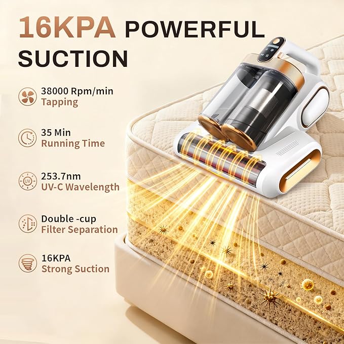 Cordless Mattress Vacuum Cleaner, 16kpa Bed Vacuum Cleaner with 253.7nm Uv-C Light & Ultrasonic Tech Dual Bins for Dust & Widen Suction Port 120w for Bed Sofa & Pet Hair
