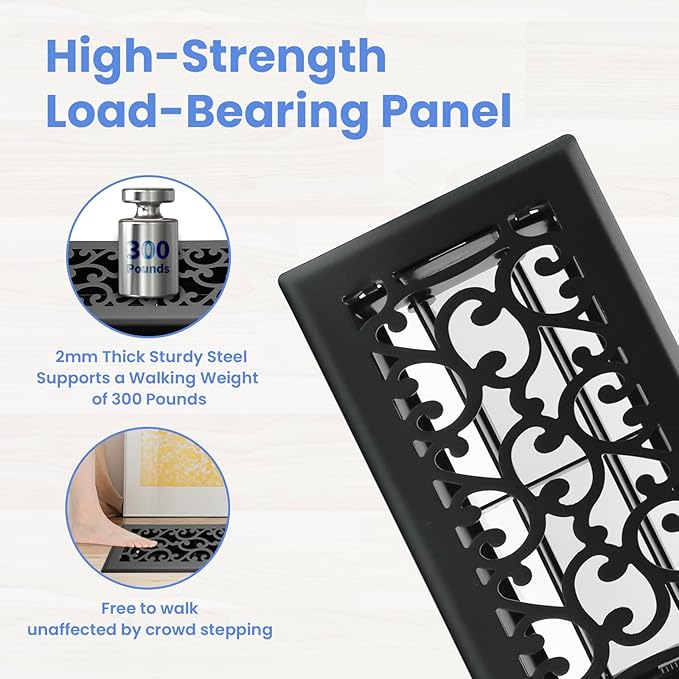 4x8 Inches 2 Pack Heavy Duty Walkable Floor Register - Easy Adjust Air Supply Lever Decorative Floor Vent Covers, Savannah Design Vent Covers for Home - Matte Black