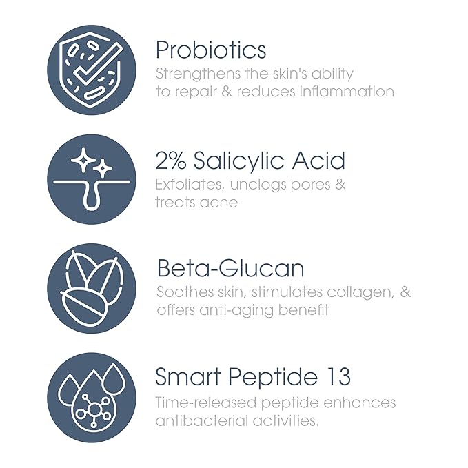 Glowbiotics Probiotic Clarifying Cleanser - 2% Salicylic Acid (BHA) & Peptides - 5 oz - Gentle Foaming Face Wash