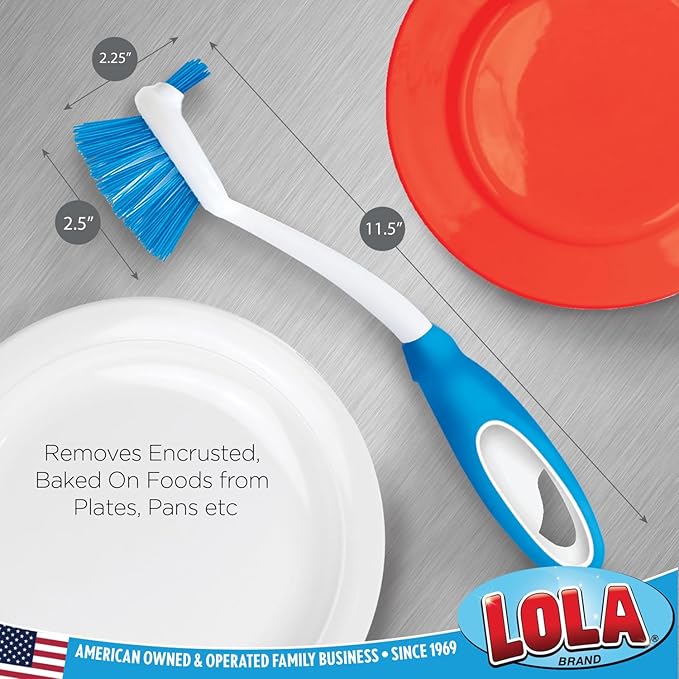 Dish Brush Kitchen Scrubber, 6 Pack, by LOLA, Has Stiff Bristles & Food Scraper, Comfort No-Slip Grip Handle, Safe for Non-Stick & Coated Cookware