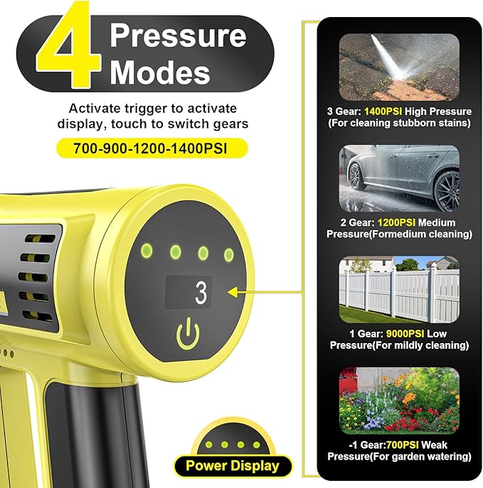 Cordless Pressure Washer, 2200W Brushless Motor, 4 Speed Modes, Max Pressure 1400PSI, 2 x 4.0 Ah Batteries, 6-in-1 Swivel Nozzle, Cleaning Brush, 16.4FT Hose, Cleaning and Garden Irrigation