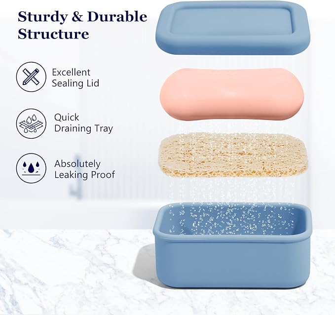 Leak Proof Silicone Travel Soap Case with Draining Tray - Bar Soap Holder for Travel, Gym & Camping - Mess-Free Portable Soap Container for Carry-on Bags (Dark Blue)
