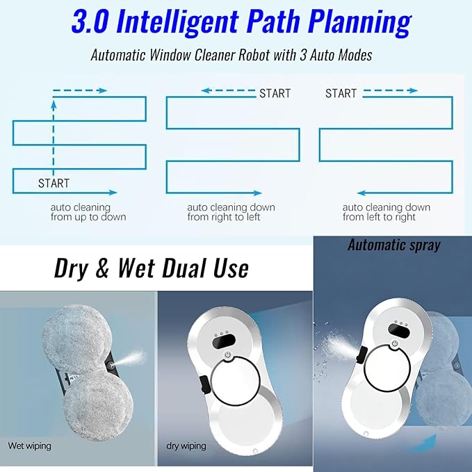 Window Cleaning Robot, Automatic Window Cleaner with Water Spray, 5600Pa Suction, 3.0 Path Planning, Remote Control, for Indoor Outdoor Windows Glass Tiles Door