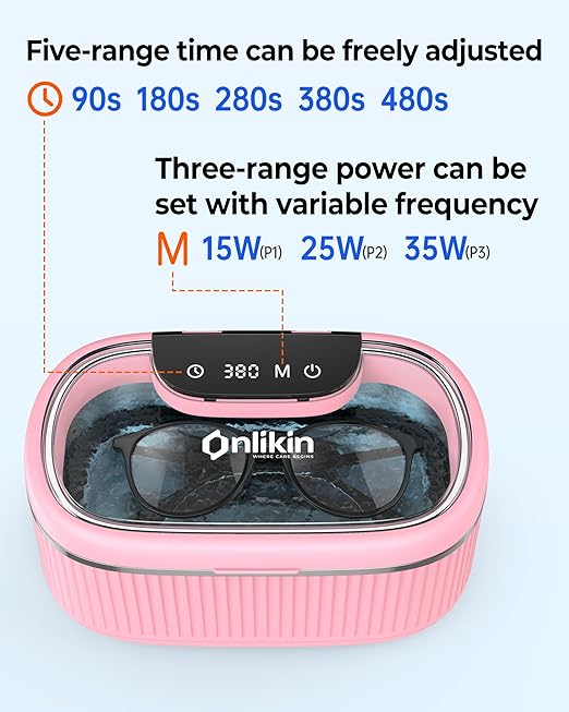 35W Ultrasonic Jewelry Cleaner, 45KHz Retainer Cleaner for Jewelry, 5 Timer & 3 Power Modes, Eyeglasses, Rings, Watch Strap, Dentures - 20oz, 304 Stainless Steel Tank, Quiet <38dB (Pink)