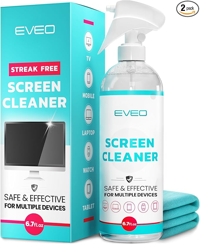 EVEO® Screen Cleaner Spray (Streak-Free) TV Screen Cleaner for Smart TV, LCD, LED, OLED | Computer Screen Cleaner Spray and Wipe Microfiber Cloth for TV, Monitor, Laptop, iPad, Tesla & More - 1 Pack