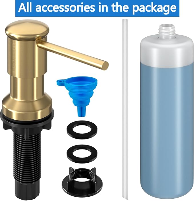 Dish Soap Dispenser, Kitchen Sink Soap Dispenser Pump with 17 OZ Bottle, Refill from The Top, Wide Pump Head Base (Golden)