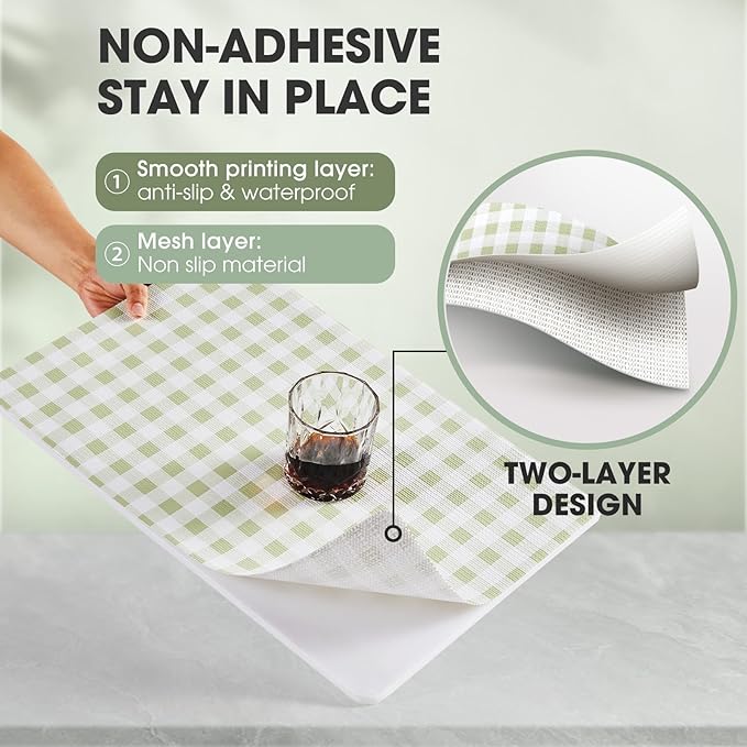 Drawer and Shelf Liner, Non-Slip Kitchen Cabinet Liners Non-Adhesive Thick Strong Grip Waterproof Washable Mats Protect Dresser Shelves Cupboard Bathroom Cabinets, Sage Green, 12 in X 10 FT