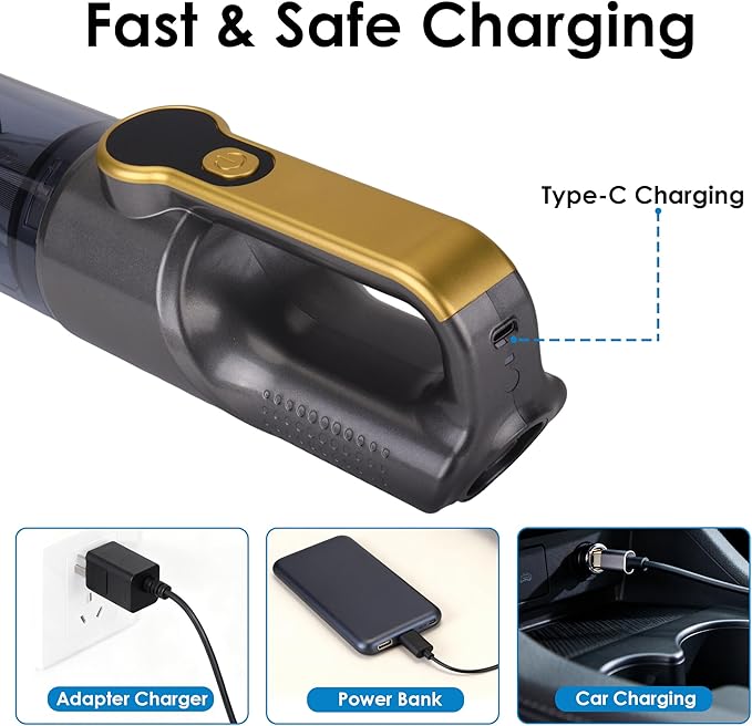 Handheld Vacuum Cordless, Car Vacuum Portable Cordless 6000mAh Dust Busters Rechargeable Brushless Motor 18000Pa Strong Suction, Portable Vacuum for Car Home with 6 Accessories, Yellow