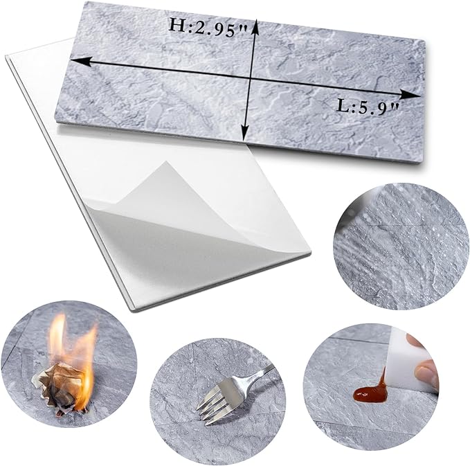 AULIGET Peel and Stick Backsplash Wall Tiles, 3" x 6" PVC Grey Marble Faux Stick on Tiles for Backsplash Kitchen and Bathroom, 4 Pieces