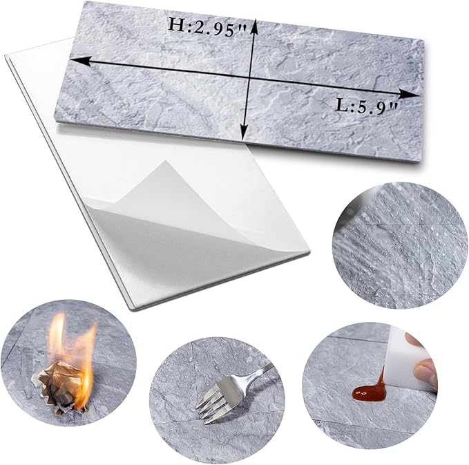 AULIGET 100-Piece Peel and Stick Backsplash Wall Tiles, 3" x 6" PVC Grey Marble Faux Stick on Tiles for Backsplash Kitchen, Bathroom, Laundry Room, Camper, Fireplace