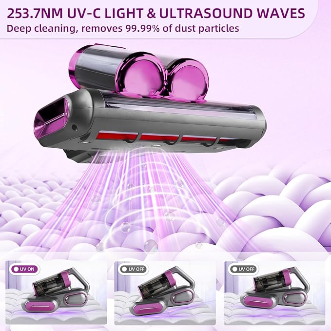Mattress Vacuum Cordless with 16Kpa Suction & HEPA Dust Cups, 253.7nm UV-C Light & Ultrasonic, Low Noise Widened Suction Port Handheld Vacuum for Bed Pillows Couch Car Seat Rugs, Gray Purple