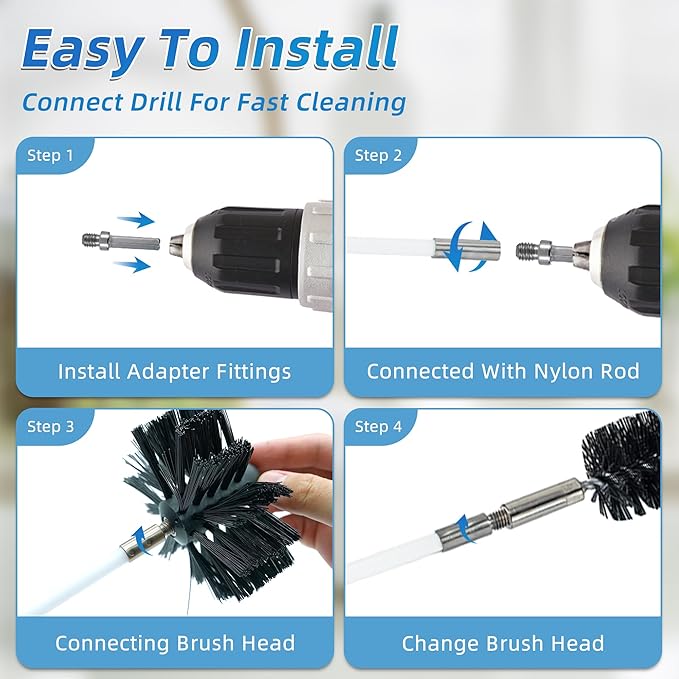 30 Feet Dryer Vent Cleaning Brush Kit, Multi-Scene Durability Chimney Brush with Flexible Nylon Rod, Multi-Purpose lint Cleaning Brush for Drill,Chimneys, fireplaces, Ventilation ducts
