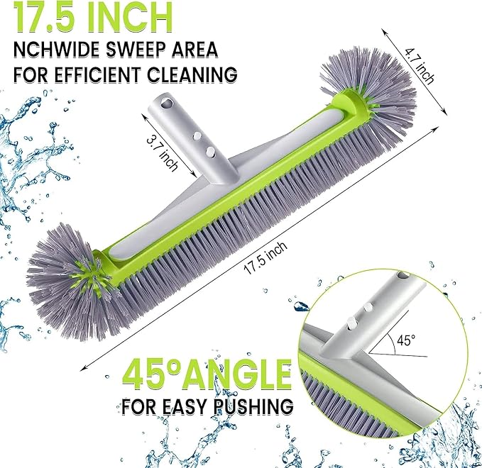 Professional Swimming Pool Brush Head with Round Ends,17.5" Heavy Duty Aluminum Back for Cleaning Pool Walls, 7 Rows Premium Nylon Bristles with EZ Clips (Green Grey)