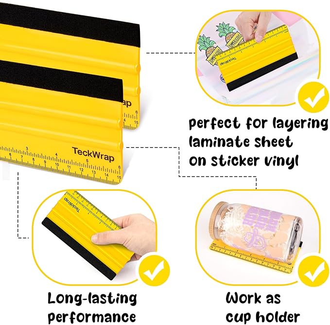 TECKWRAP 2 PCS Professional Plastic Felt Squeegee for Vinyl Decals, Inkjet Vinyl Sticker Paper, and Wallpaper - 6"x2.9"Decal Squeegee Tool, Scratch-Free Application (Yellow)