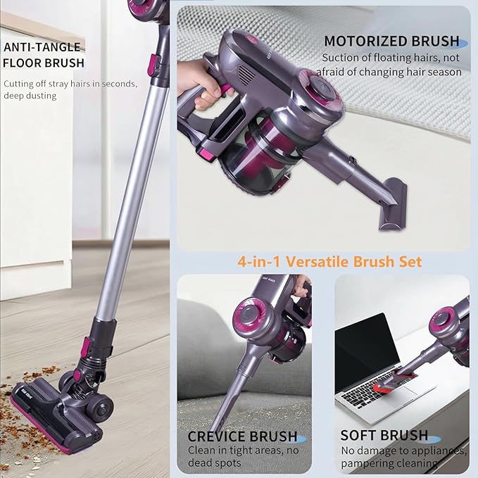 Novaspark Pink Cordless Stick Vacuum Cleaner - 18.5kPa Suction, 50-Min Runtime, Tangle-Free Pet Hair Cleaning, Lightweigh Design with LED Light, HEPA Filter and 4-in-1 Brush Set, HSC-01