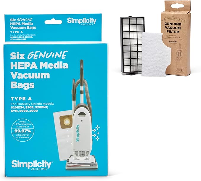 Simplicity Vacuums Bundle with Type A Vacuums Bags and Filter Set for S20EZM Allergy Upright Vacuum, SAH-6 Vacuum Bags and SF20EZM Filter Set with Certified HEPA Filtration, S20EZM bags