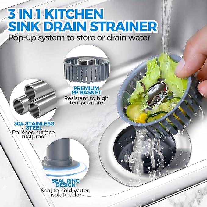 Kitchen Sink Drain Strainer - 3Pack Sink Stopper, Drain Protector, Kitchen Drain Plug & Sink Installation Parts with Anti-Clogging Basket, Fit US Standard 3-1/2'' Sink Drain Hole, Silver