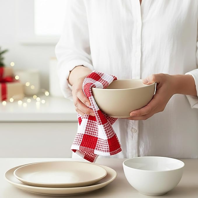 PurpleEssences 100% Cotton Waffle Weave Check Plaid Kitchen Towels, Super Soft and Absorbent Dish Towels for Drying Dishes 15x25-6 Pack - Christmas Holiday Winter - Red and White