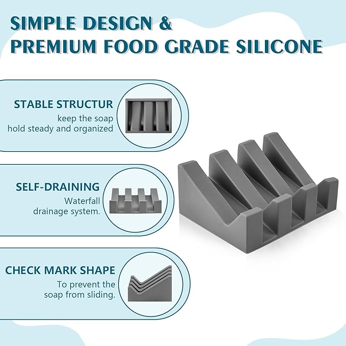 Self Draining Soap Dish Holder,Silicone Soap Dish,for Bathroom,Kitchen, Sponges，Can Extend Soap Life，Keep Soap Bars Dry and Easy Cleaning (Grey,3-Pack)