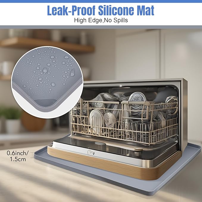 Dishwashers Drip Pan, Prevent Water Leakage and Protect Countertop & Floor, 23.6''x23.6'' Dishwasher Mat, Non-Slip & Leak-Proof Silicone Mat with 0.6'' Raised Edge, for Under Most Portable Dishwasher