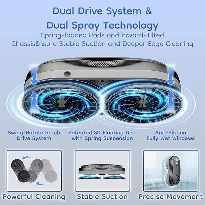 Obito X3 Window Cleaning Robot, Dual Nozzles with Ultrasonic Spray, 5.0 AI Path Planning, Max 3200Pa & Steady-Climbing System, Automatic Edge Detection, Robot Window Cleaner Inside/Outside, Black