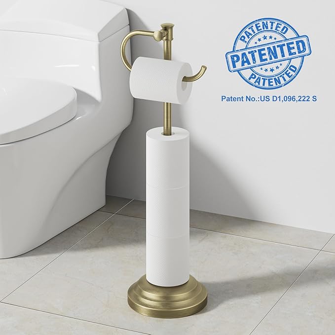 RUMOSE Toilet Paper Holder Stand for Floor, Antique Brass Bathroom Free Standing Toilet Tissue Roll Holder with Storage, Adjustable 17-25 Inch, SUS304 Stainless Steel