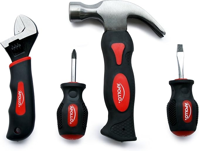 Apollo Tools 4 Piece Stubby Tool Set for Small Hands and Tight Spaces. Convenient and Compact Small Tool Set includes Mini Hammer, Mini Screwdriver Set and Mini Wrench - Red - DT0240