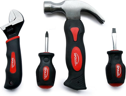 Apollo Tools 4 Piece Stubby Tool Set for Small Hands and Tight Spaces. Convenient and Compact Small Tool Set includes Mini Hammer, Mini Screwdriver Set and Mini Wrench - Red - DT0240