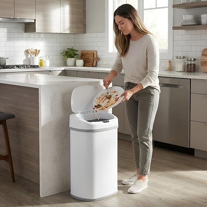 iTouchless 13 Gallon Oval Sensor Trash Can with Odor Filter, Automatic Motion Sensor Kitchen Bin, Soft-Close White Steel, Slim Curved Design for Nursery, Bathroom & Clinic