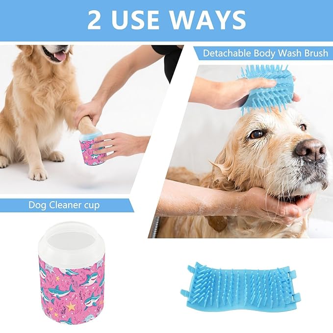Dog Paw Cleaner Cups for Dogs Pets Foot Washer Paw Scrubber for Medium Small Cats Dogs Cleaning Cup Hot Pink Sharks Starfish and Seaweed