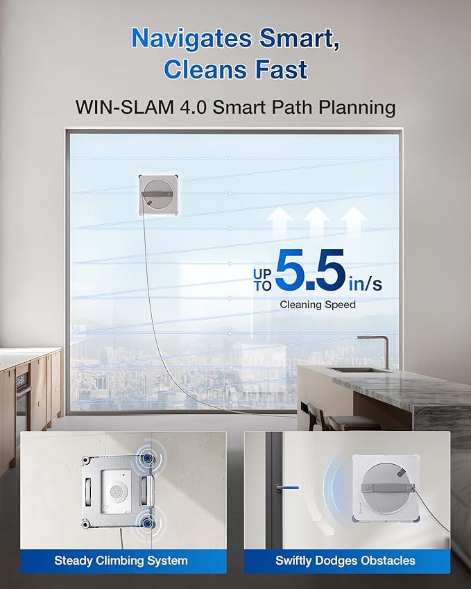 ECOVACS WINBOT W2S Window Cleaning Robot, Intelligent Edge-to-Edge Cleaning with TruEdge Scrubbers, 3 Water Nozzles, 10-Level Safety System, Win-SLAM 4.0 Route Planning, Even Climbing System
