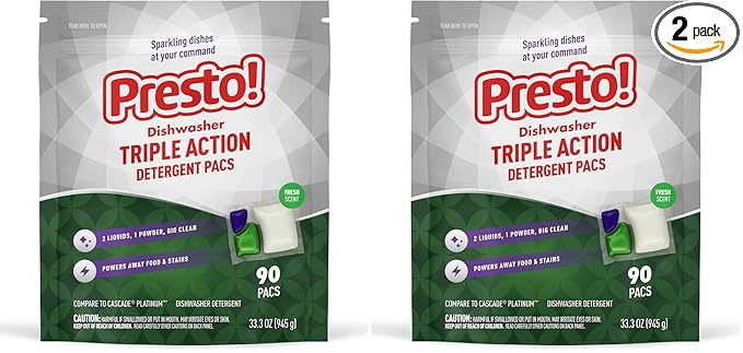 Amazon Brand - Presto! Triple Action Dishwasher Pacs, Fresh Scent, 90 Count (Pack of 2)