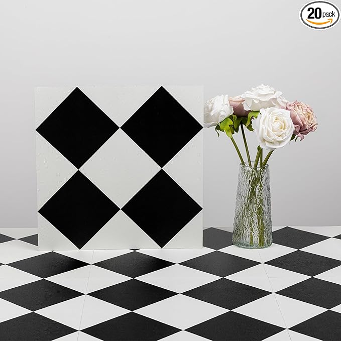 Elffloor Peel and Stick Floor Tile: 20pc 11.8 * 11.8in Self-Adhesive Waterproof Vinyl Flooring Black and White Tiles Sticker for Bathroom, Kitchen, Bedroom, Living Room