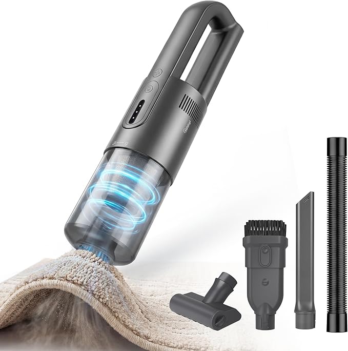 Handheld Vacuum Cordless, 5-in-1 Car Vacuum Portable Cordless 30 Mins Rapid Rechargeable Hand Vacuum Brushless Motor 19000Pa Strong Suction, Dust Busters for Car Home with 4 Nozzles, Gray