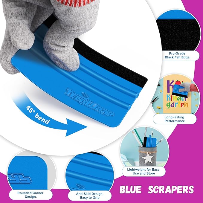 TECKWRAP Professional Squeegee for Vinyl, 20 PCS Plastic Felt Squeegee Tool Decals Inkjet Vinyl Sticker Paper, and Wallpaper Application Tools, 6 Inch Pitaya×10 & 4 Inch Blue×10