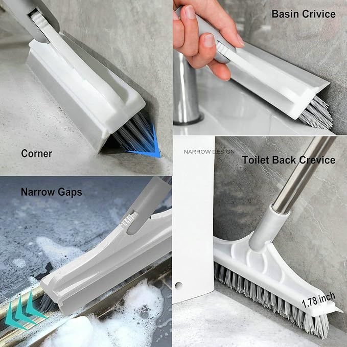 2 in 1 Cleaning Scrub Brush Grout Brush Scrapee 3 Poles 47.6'' Floor Scrub Brush with Long Handle V-Shape Stiff Bristle Brush Scrubber with Squeegee 120°Rotate Shower Cleaning Brush for Bathroom Glass