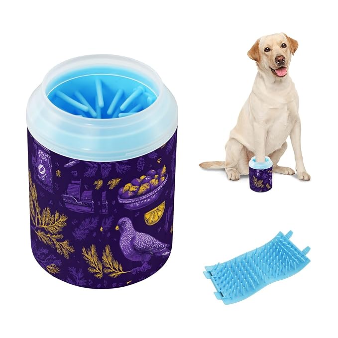 Dog Paw Cleaner Cups for Dogs Pet Foot Washer Paw Scrubber for Medium Small Large Dogs Cats Cleaning Cup Purple Pigeons Lemon Slices