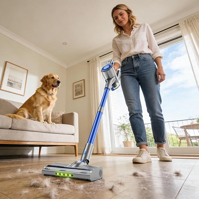 Cordless Vacuum Cleaner for Home, Powerful Stick Vacuum with Rechargeable Battery, Green Light Anti-Tangle Brush, 6-in-1 Lightweight Handheld Vacuum for Pet Hair, Hard Floor, Carpet