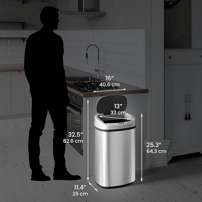 iTouchless 13 Gallon Sensor Kitchen Trash Can with Lid and Odor Filter, Stainless Steel Oval Automatic Trashcan for Home Office Bedroom Living Room Garage Large Capacity Slim Space-Saving Trash Bin