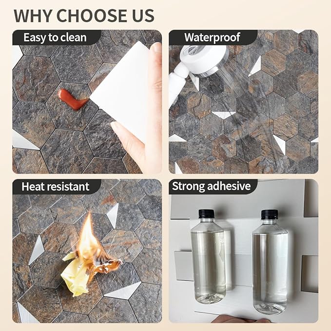DICOFUN Hexagon Tile Mixed Metal Peel and Stick Backsplash, Self Adhesive Mosaic Tiles for Kitchen and Bathroom (10, Rust Slate and Silver)