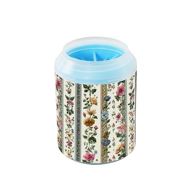 Dog Paw Cleaner Cups for Dogs Pets Foot Washer Paw Scrubber for Medium Small Cats Dogs Cute Cleaning Cup Vintage Stripes Flowers
