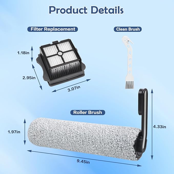 Roller Brush and Filters Replacement Parts for Tineco Floor ONE S5/S5 Pro/S5 Pro 2/S5 Extreme Cordless Wet Dry Vacuum Cleaner- 2 Roller Brushes + 4 HEPA Filters + 1 Cleaning Brush (7 Pcs)